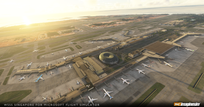 Aerial view of Changi Airport with all four terminals and Jewel visible