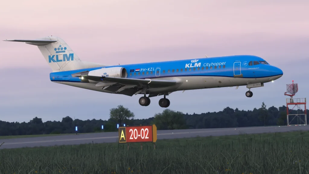 A Fokker F70/100 coming in to land at an unspecified airport in Microsoft Flight Simulator 2024.