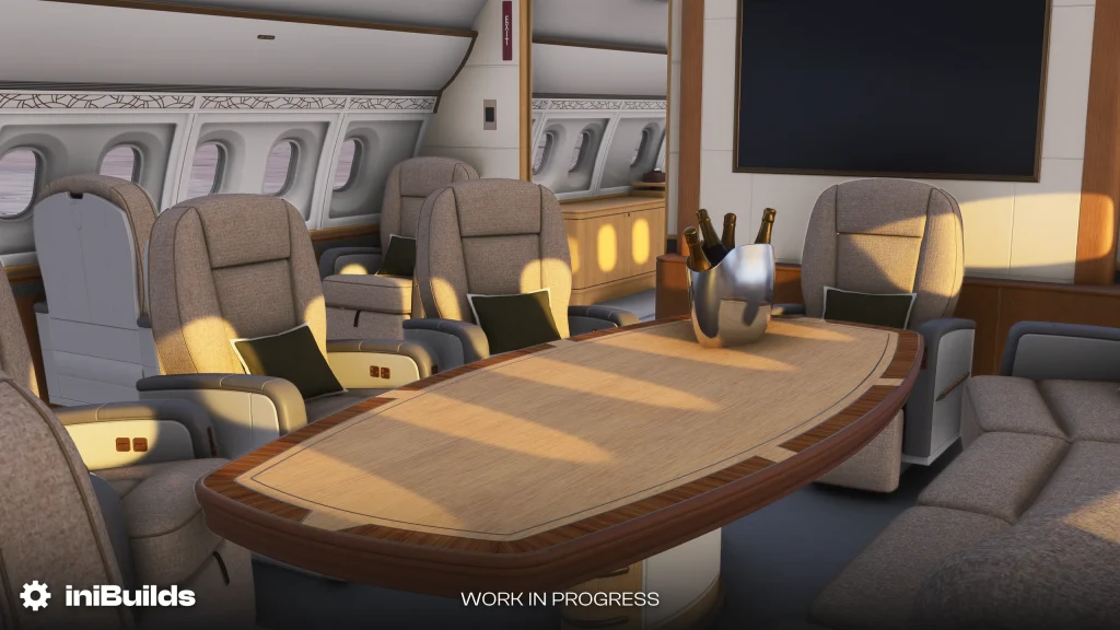 In simview of inibuilds A340 for MSFS showing work in progress on the upcoming VIP cabin