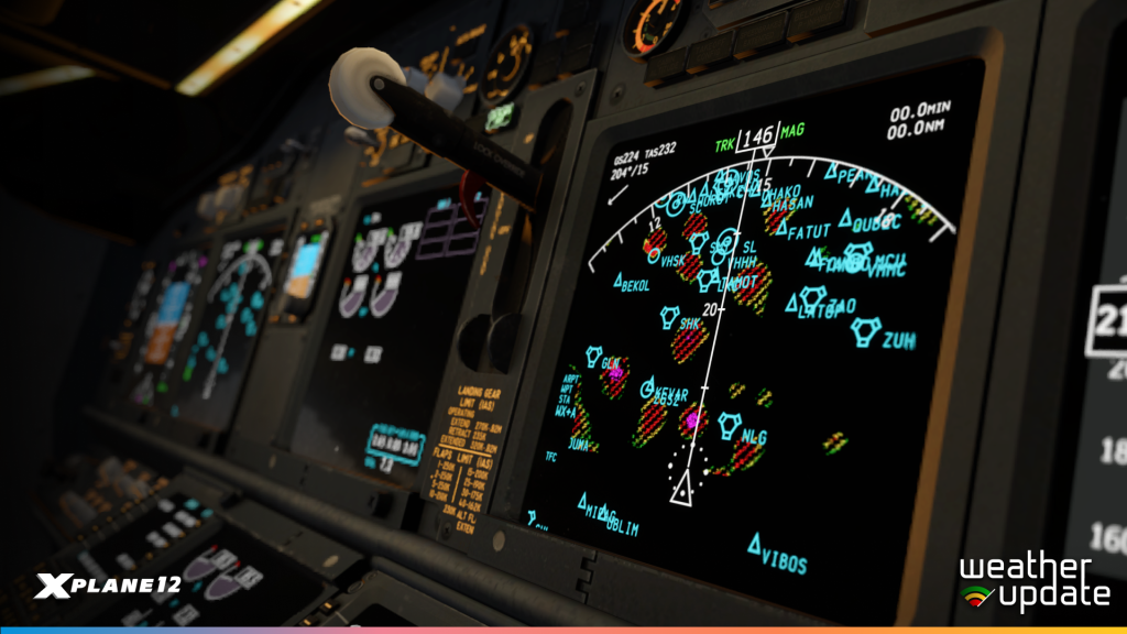 Boeing 737NG cockpit with active weather-radar returns based on volumetric cloud scanning.