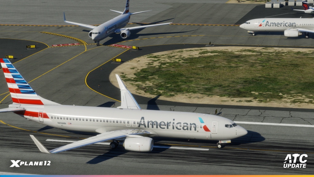 American Airlines aircraft getting ready for takeoff under updated ATC sequencing in X-Plane 12