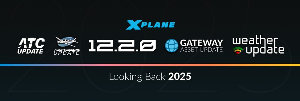 Summary of` X-Plane updates in 2025 including ATC, Flight Lessons, 12.2.0, Gateway Asset Update, and Weather Update logos.