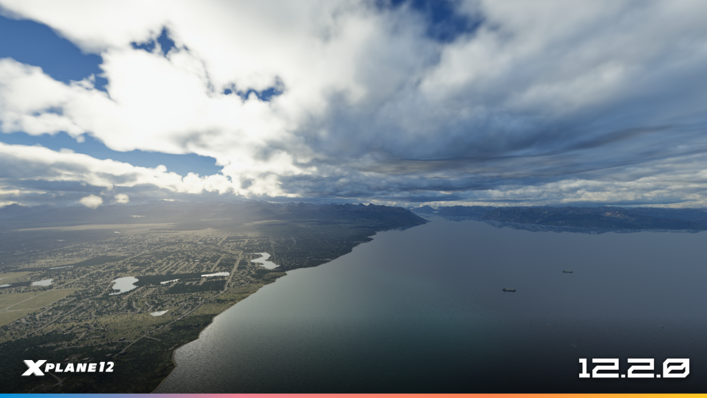 Wide-angle view showing cloud layers and terrain rendered with the 12.2.0 graphics update.