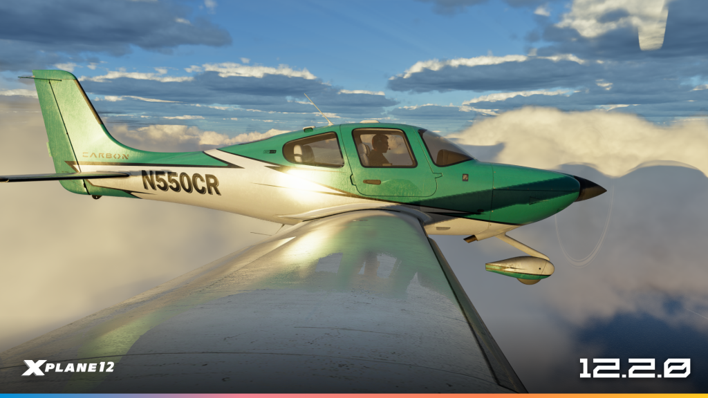 Wing-mounted view of a Cirrus aircraft during sunset illustrating improved reflections and atmospheric lighting.