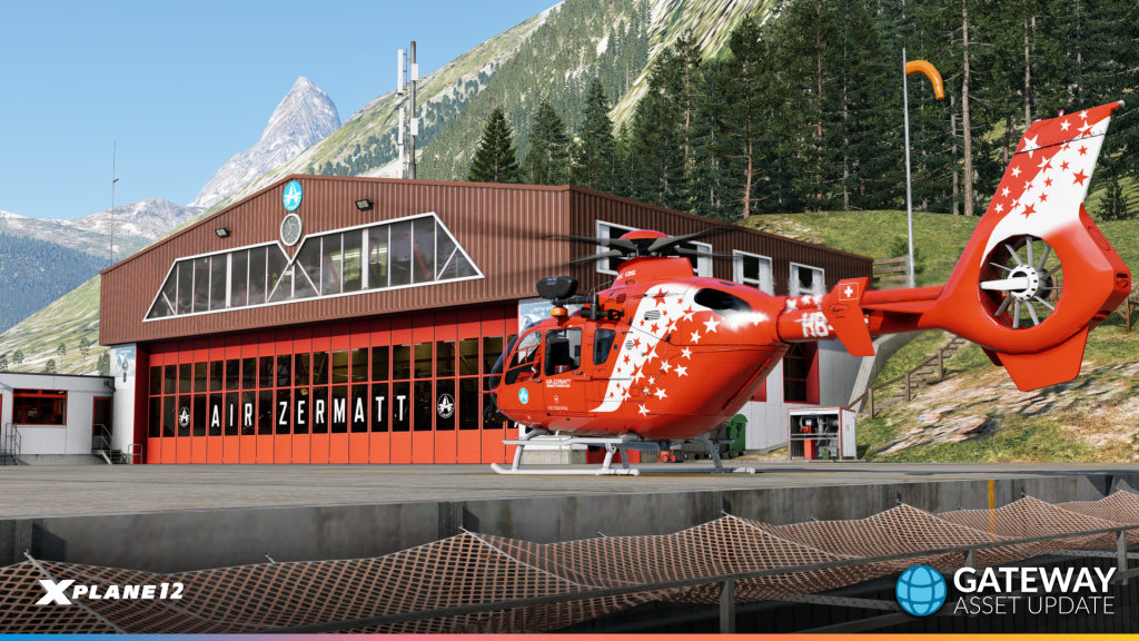 Air Zermatt helicopter hangar and scenery created using new gateway assets.