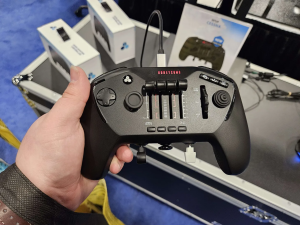A flight sim controller being held at FSExpo.