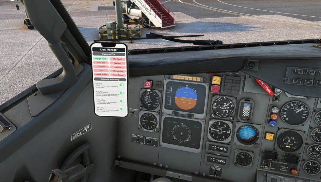 Captain’s view showing the Crew Manager tablet and the Rockwell Collins EFIS‑86C electronic flight instrument system