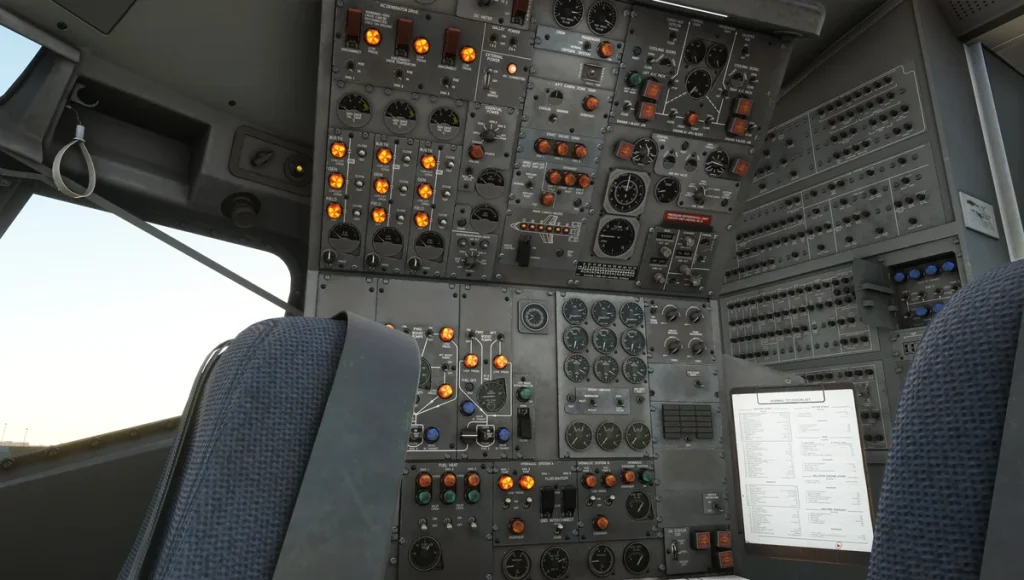 Boeing 727 flight engineer’s panel with analog gauges, system controls, and illuminated indicators