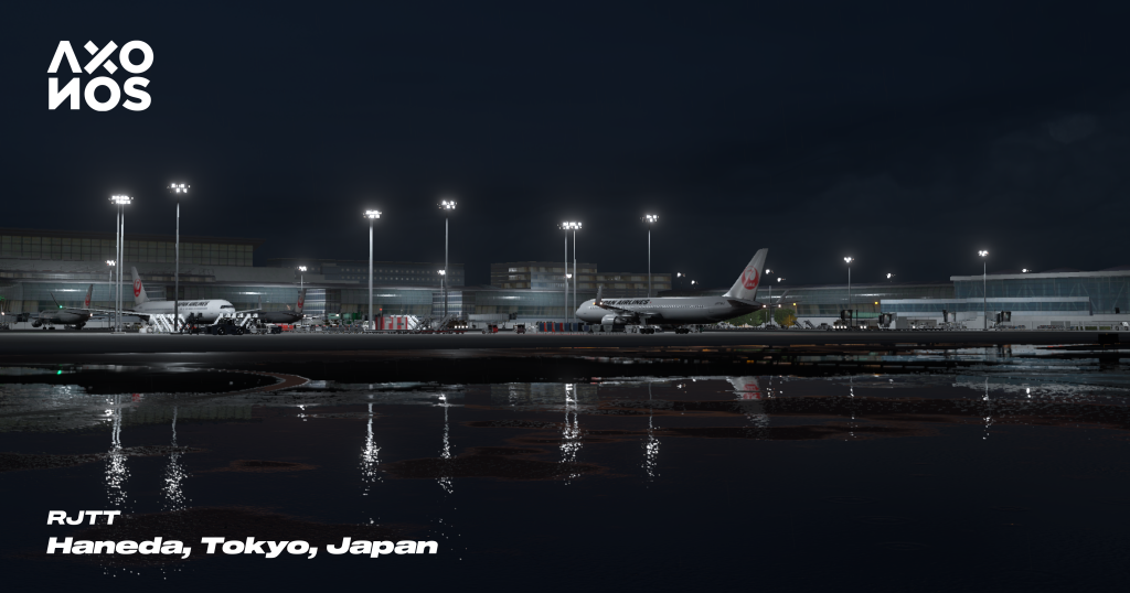 Nighttime view of RJTT during rainfall from a different angle
