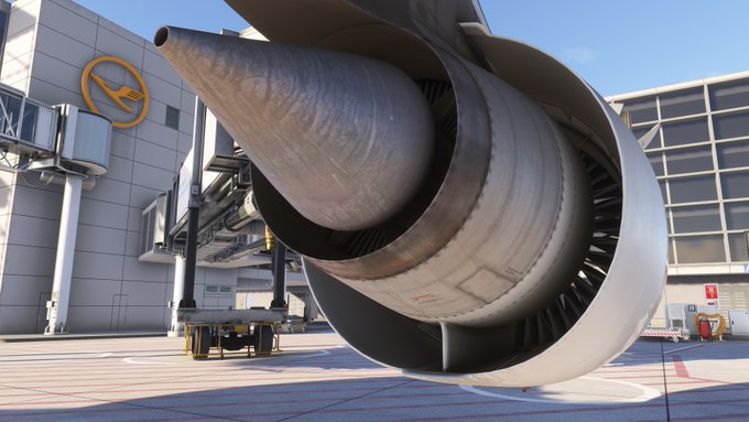 Insim view of Aerosoft's upcoming A340-600 for Microsoft flight simulator. Detail of the engine cowling.