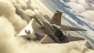 X-59A flying in the simulator above the clouds