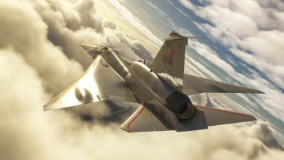 X-59A flying in the simulator above the clouds