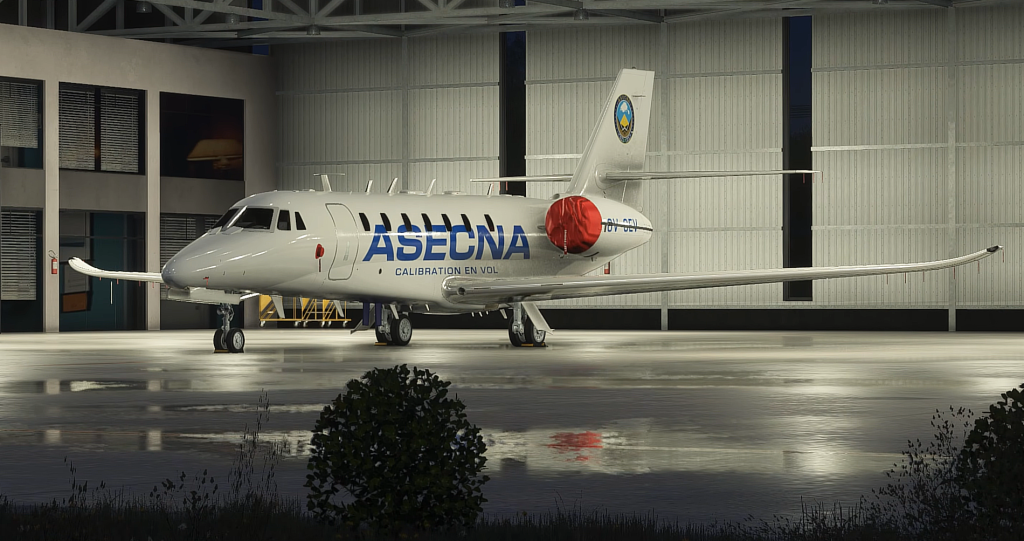 Skyward Simulations Cessna Citation C680 Sovereign+ in ASECNA livery inside hangar for MSFS