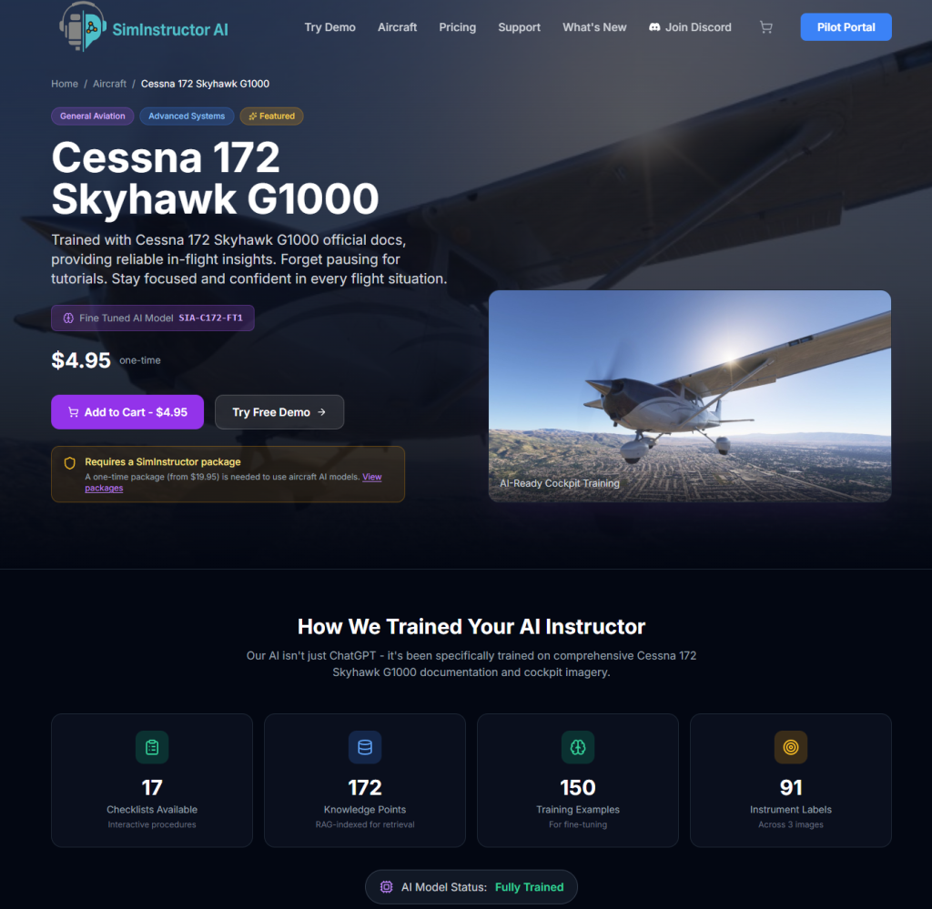 SimInstructor Cessna 172 Skyhawk G1000 module pricing page