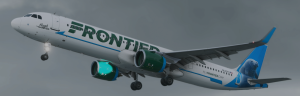 Flight Sim Labs A321neo rendering in Microsoft Flight Simulator showing Frontier Airlines livery