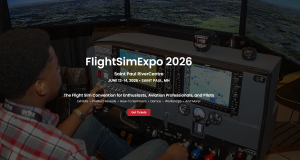 FlightSimExpo 2026 promotional banner showing a flight simulator cockpit setup