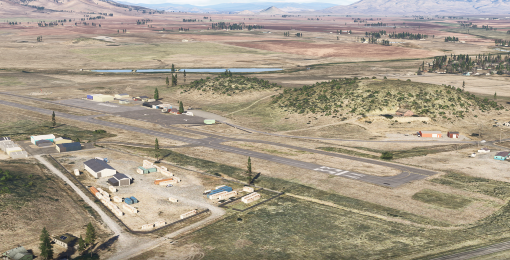 Montague-Yreka Airport 105 MSFS 2024 aerial view runway and surrounding terrain California