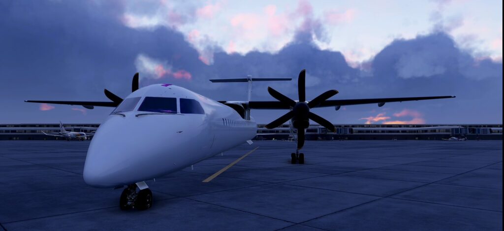 Majestic Dash 8 Q400 aircraft preview parked on apron in Microsoft Flight Simulator