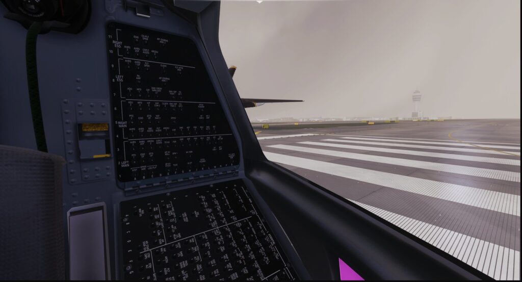 Majestic Q400 cockpit side panel preview during runway taxi in Microsoft Flight Simulator