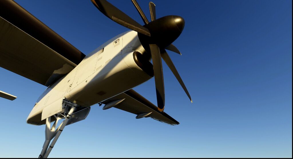 Majestic Dash 8 Q400 turboprop engine and propeller detail in Microsoft Flight Simulator