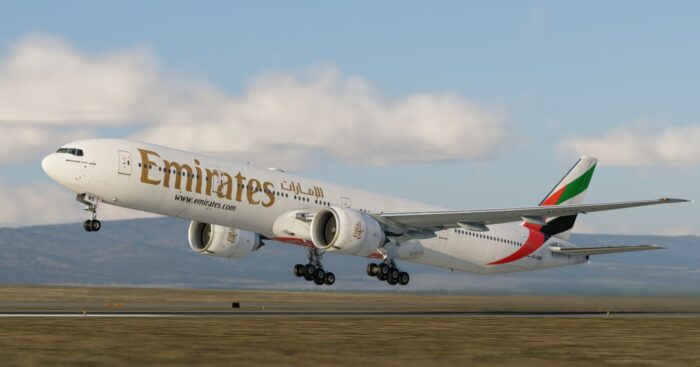 FlightFactor Boeing 777-300ER for X-Plane 12 taking off in Emirates livery showcasing realistic flight dynamics and high-detail exterior model