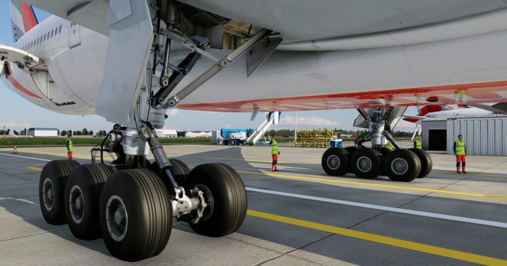 FlightFactor Boeing 777-300ER for X-Plane 12 landing gear detail showcasing high fidelity modelling and realistic textures