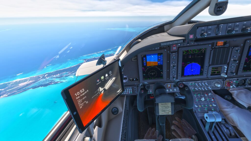 FlightFX Piaggio P.180 Avanti II cockpit featuring the VAMS 2.0 tablet with Navigraph and SimBrief integration in MSFS 2024