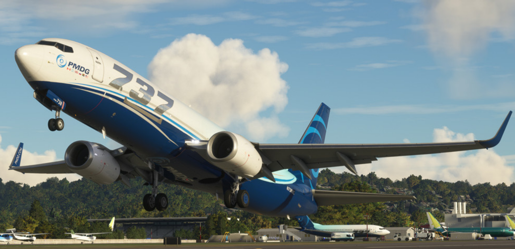 PMDG Boeing 737NG aircraft taking off at an airport in Microsoft Flight Simulator 2024