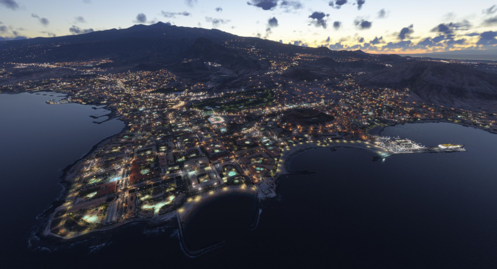 Tenerife night lighting MSFS 2024 scenery Island Creations illuminated city and coastline view