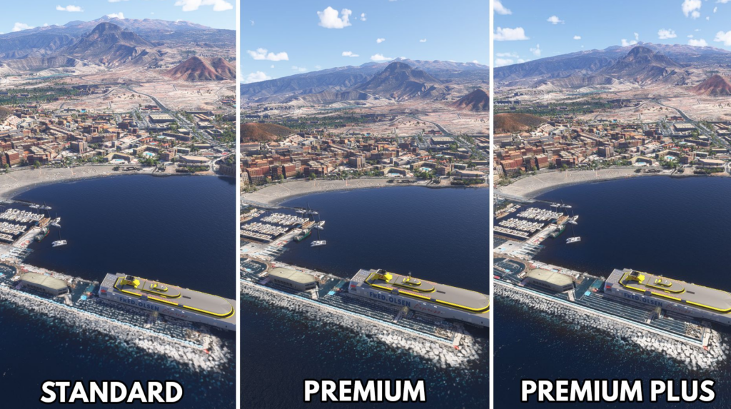 Tenerife scenery MSFS 2024 Standard vs Premium vs Premium Plus texture comparison Island Creations