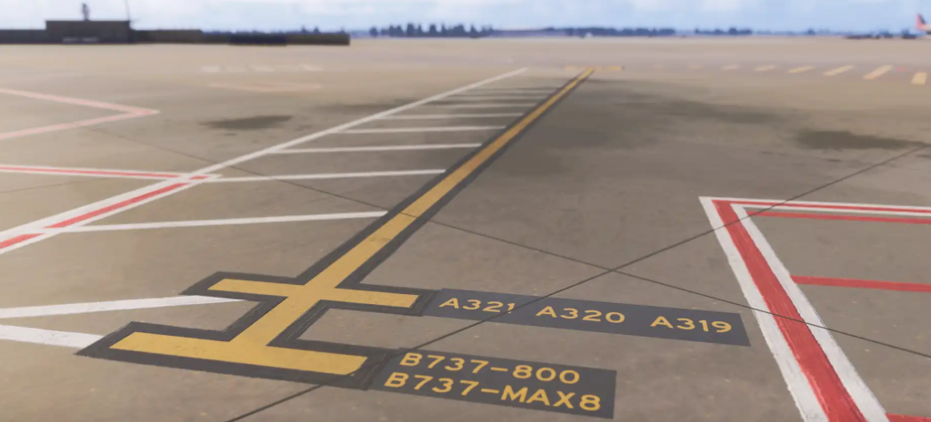 KDFW taxiway markings MSFS 2024 iniBuilds showing aircraft type ground markings and surface detail