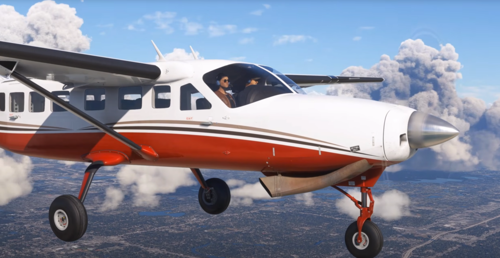 Black Square Caravan MSFS aircraft in flight with realistic exterior and landing gear deployed