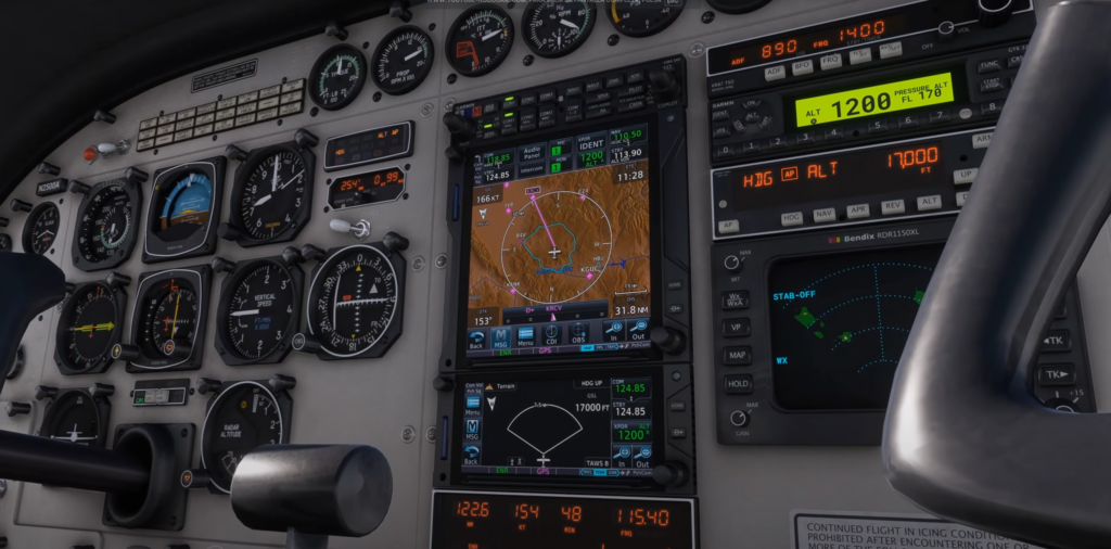 Black Square Caravan cockpit MSFS showing analog instruments with GPS navigation and weather radar display