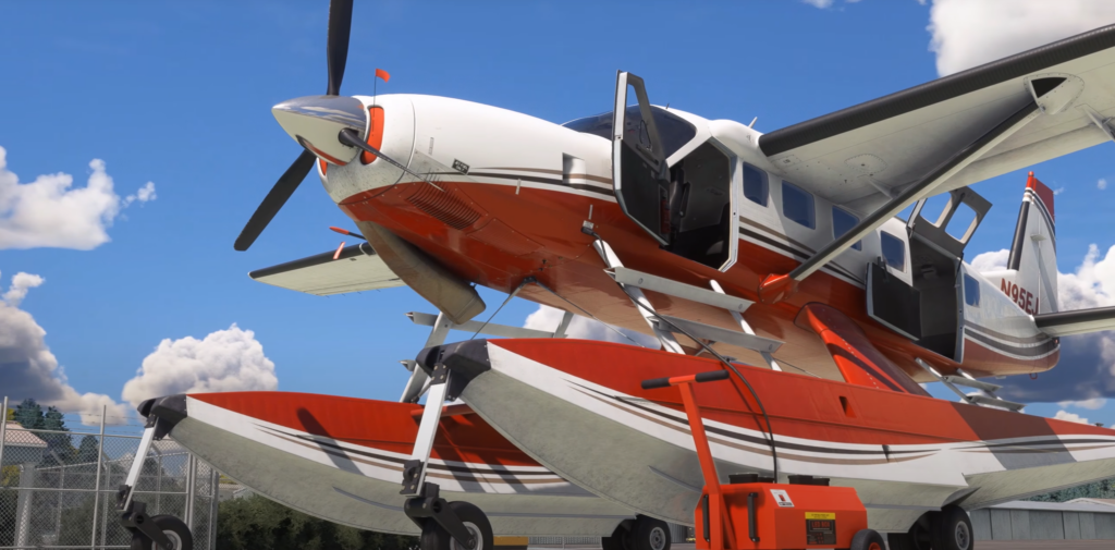 Black Square Caravan Amphibian MSFS on floats with detailed exterior model on the ground