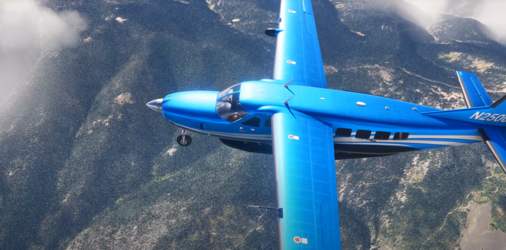 Black Square Caravan MSFS aircraft top view in flight showing detailed wings and textures