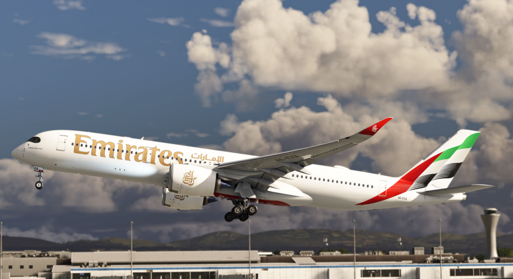 iniBuilds A350 Airliner v1.2.4 in Emirates livery taking off in Microsoft Flight Simulator 2024 and 2020