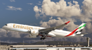 iniBuilds A350 Airliner v1.2.4 in Emirates livery during takeoff in Microsoft Flight Simulator 2024 and 2020