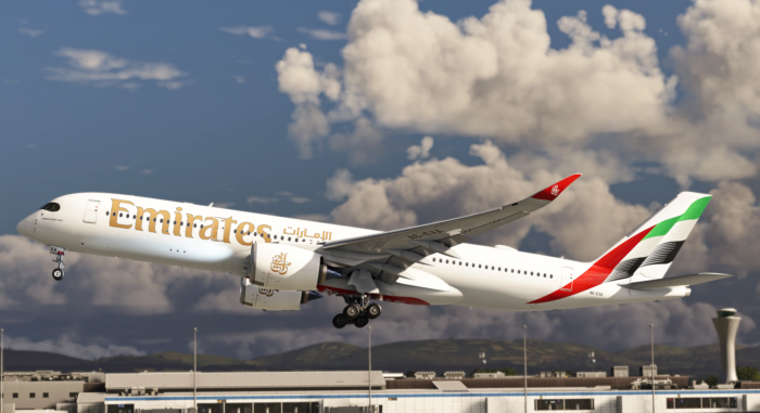 iniBuilds A350 Airliner v1.2.4 in Emirates livery during takeoff in Microsoft Flight Simulator 2024 and 2020