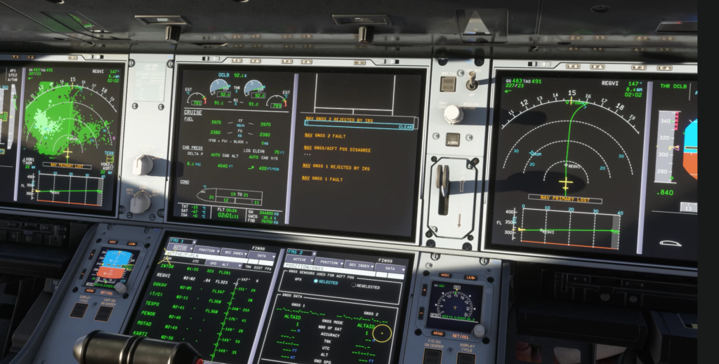 iniBuilds A350 Airliner v1.2.4 cockpit showing navigation and systems displays in Microsoft Flight Simulator 2024 and 2020