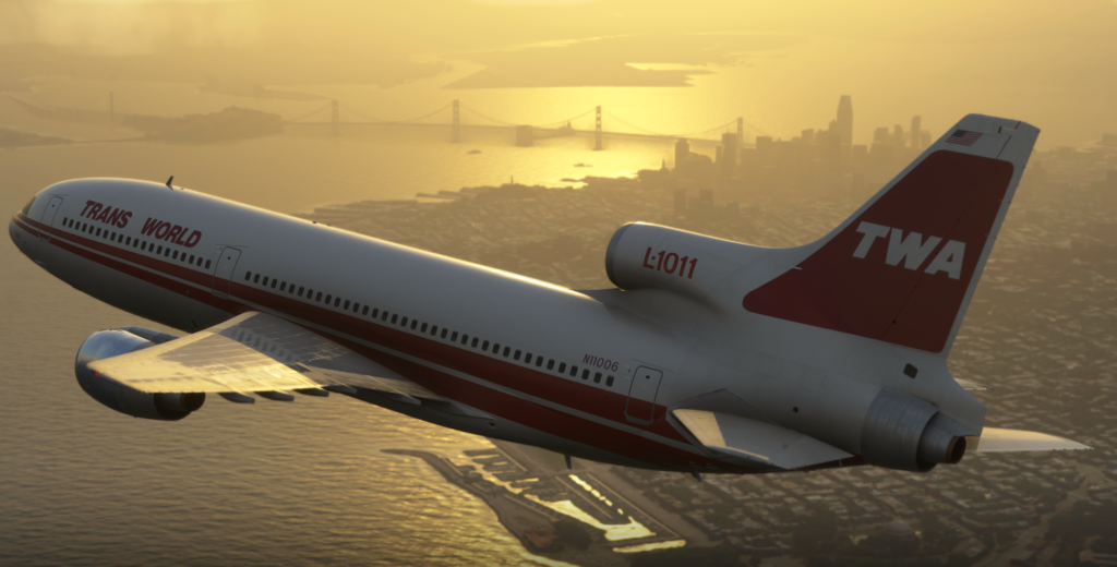 Lockheed L-1011 TriStar in flight at sunset in Microsoft Flight Simulator 2024 iniBuilds preview