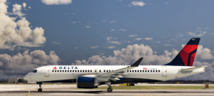 Synaptic Airbus A220 by iniBuilds in Delta livery on runway in Microsoft Flight Simulator 2024 preview