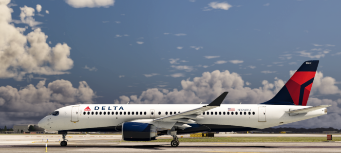 Synaptic Airbus A220 by iniBuilds in Delta livery on runway in Microsoft Flight Simulator 2024 preview