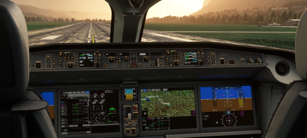 Synaptic Airbus A220 cockpit by iniBuilds showing advanced avionics in MSFS 2024