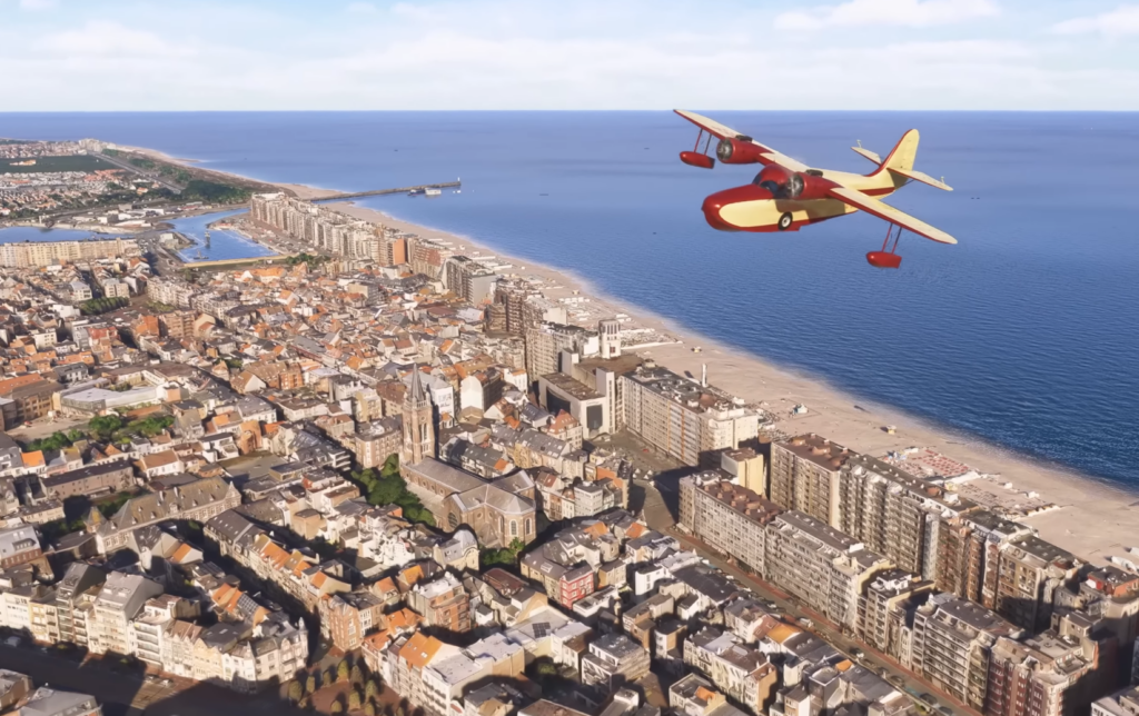 MSFS 2024 seaplane flying over Belgium coastline with detailed city and beach scenery