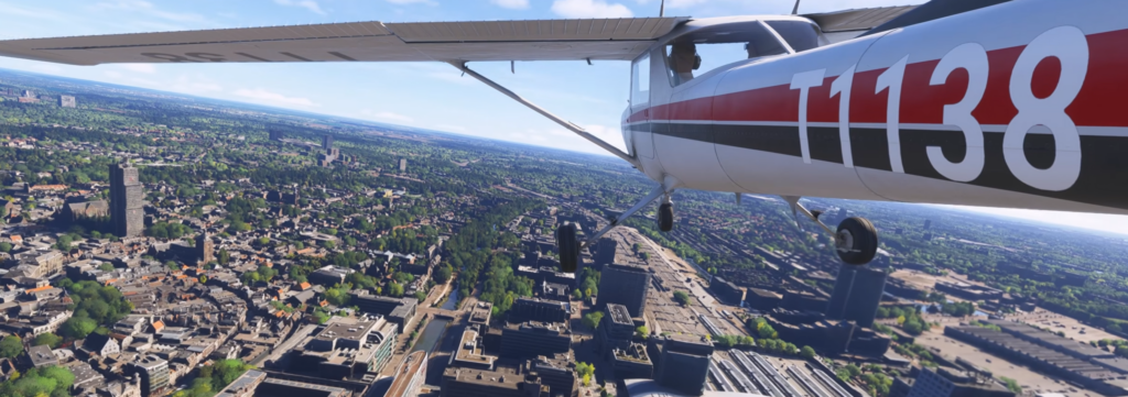MSFS 2024 light aircraft flying over Netherlands urban area with detailed buildings and landscape rendering