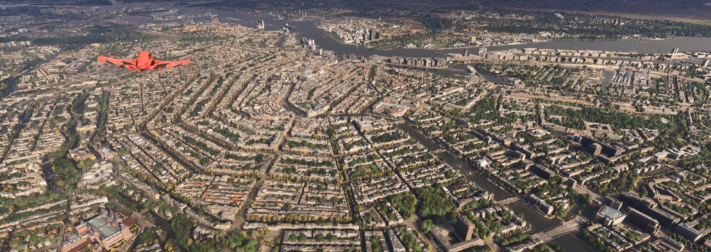 Microsoft Flight Simulator 2024 Netherlands cityscape aerial view showcasing high-detail terrain and photogrammetry