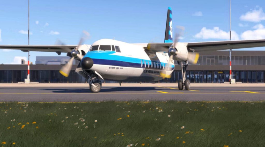 Fokker F27 Friendship in Microsoft Flight Simulator 2024 parked on runway as Local Legend 23 aircraft