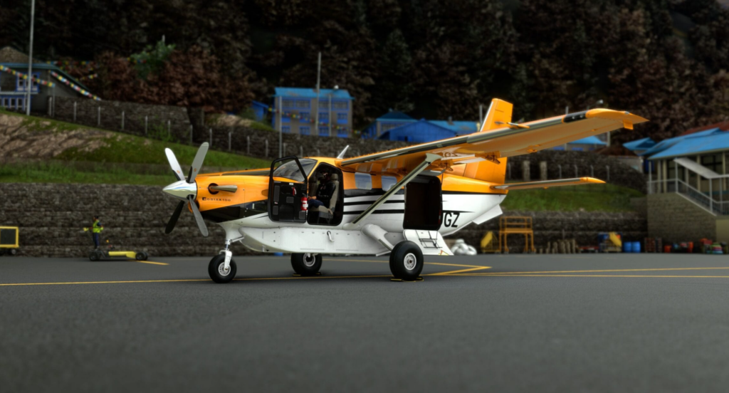 Kodiak 100 MSFS 2024 by SimWorks Studios parked on runway with open door cargo access
