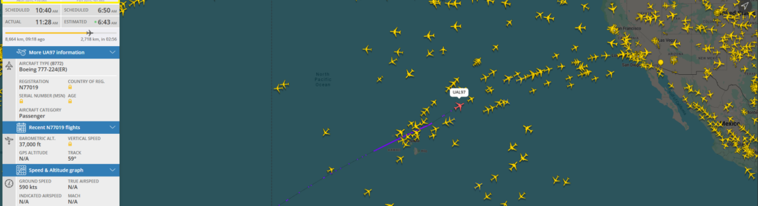 FlightRadar24 live map showing United Airlines flight UA97 from Brisbane to San Francisco with real-world route and traffic