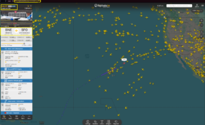 FlightRadar24 live map showing United Airlines flight UA97 from Brisbane to San Francisco with real-world route and traffic